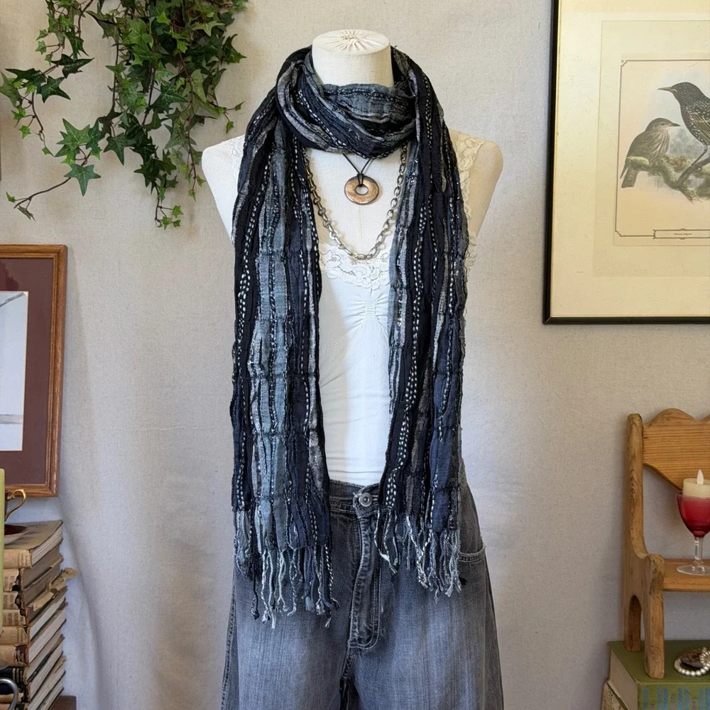 Black Metallic Sparkly Striped Fringe Scarf Whimsygoth Grunge Vintage
